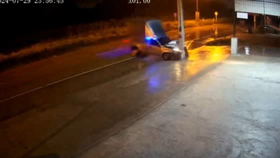 Vehicle skids and collides with post in Chon Buri, Thailand