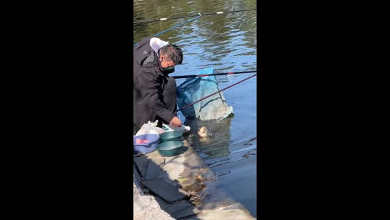 Man feeds fish while fishing in Shandong, China