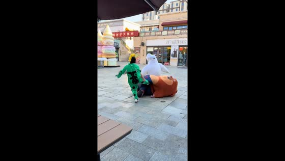 Mascot costumes get into a playful fight in Jiangsu, China
