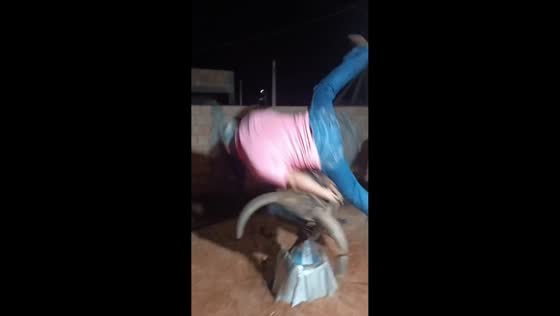 Man falls off mechanical bull and laughs it off in Tacuru, Brazil