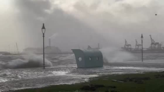 Massive waves crash over Clontarf seawall during Storm Bram in Dublin, Ireland