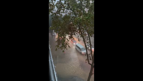 Heavy rain and street flooding in Sabadell, Catalonia, Spain