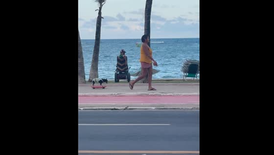Elderly lady walks dog on skateboard along beach in Brazil