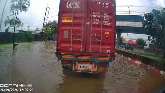 Man falls into floodwaters and loses his umbrella in Lat Krabang, Thailand