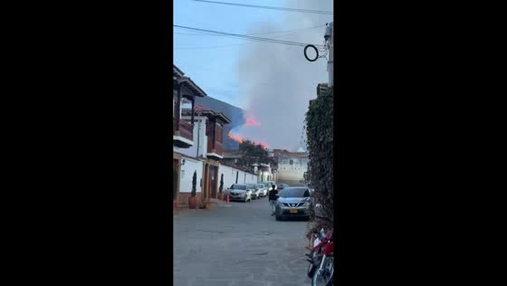 Wildfire spreads across San Marcos Hill overlooking Villa de Leyva, Colombia