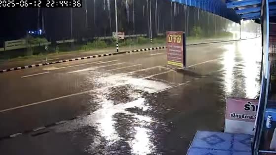 Strong wind topples signboard onto road in Sakon Nakhon, Thailand