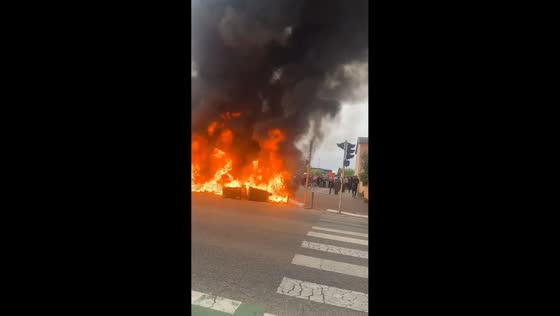 Burning barricade during student blockade in Toulouse, France