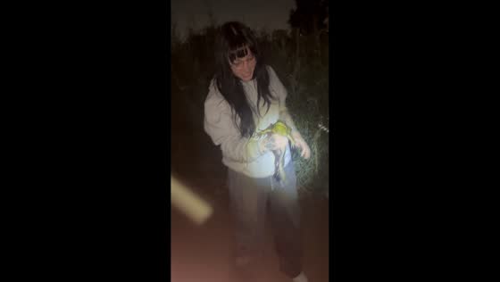 Woman catches frog during night date in Los Angeles, USA