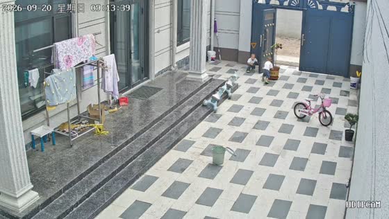 Boy pushes wheeled planter into gate before it falls in Hebei, China