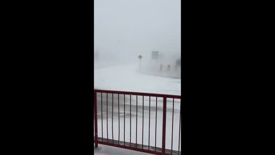 Blizzard causes whiteout conditions on Main Street in Airdrie, Alberta, Canada