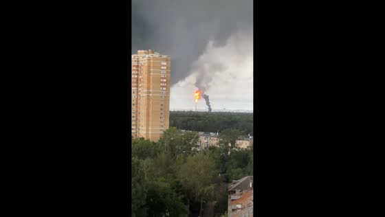 Drone strike sparks fire at Moscow Oil Refinery, Moscow, Russia