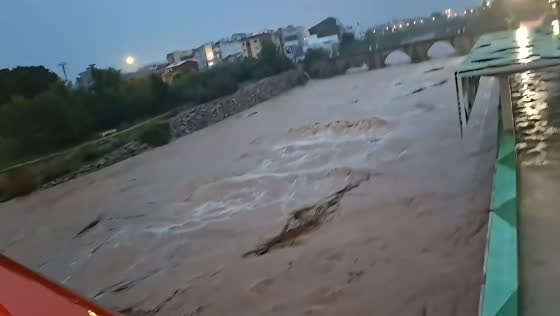 Serpis River overflows its banks following torrential rainfall in Gandia, Valencia, Spain