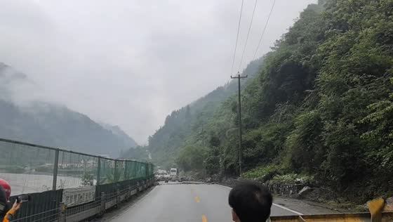 Landslide blocks road near Wolong Town in Sichuan, China