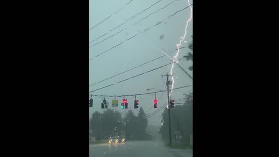 Storm and lightning captured at traffic light in Ballston Spa, NY
