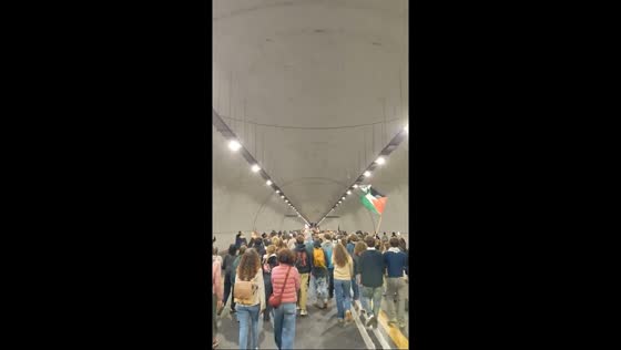 Demonstrators march through Rome tunnel in support of Gaza flotilla in Rome, Italy 