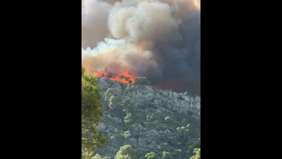 Wildfire burns near Claramunt Castle in Barcelona, Spain