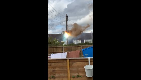 Electrical short circuit sends flames and sparks from power line in Bristol, UK