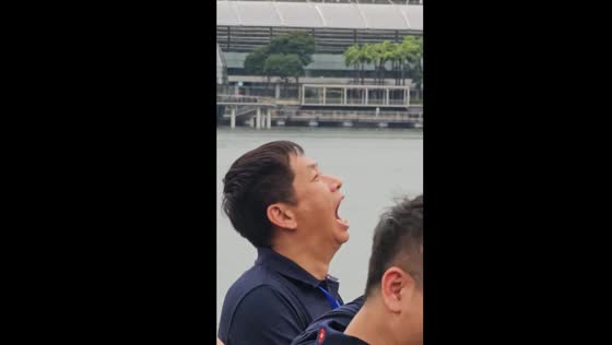 Tourists posing with mouths agape at iconic Merlion statue in Singapore