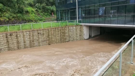 Floodwater from diversion tunnel in Zhejiang, China