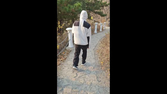 Man walks with shaky legs after climbing the Great Wall in Hebei, China