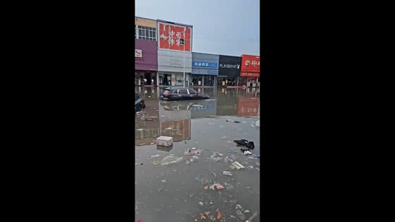 Cars become stranded as severe flooding hits street in Hebei, China