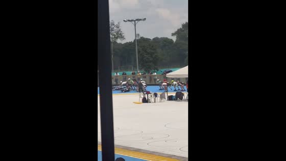 Chain reaction fall during roller skate race in Bogota, Colombia