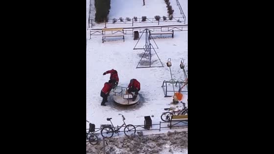 Utility workers enjoy carousel ride in Saint Petersburg, Russia