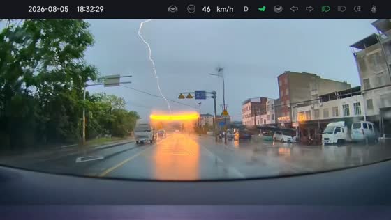 Bright lightning flashes across stormy sky over wet roadway in Guangxi, China
