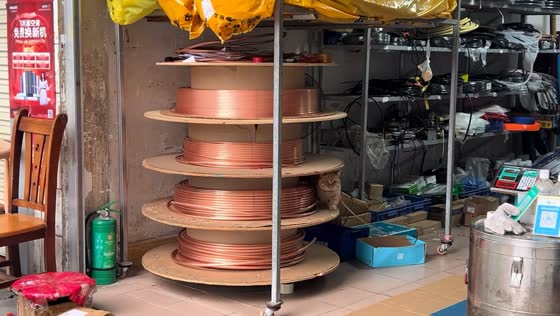 Orange cat keeps balance on rotating spool in Guangxi, China