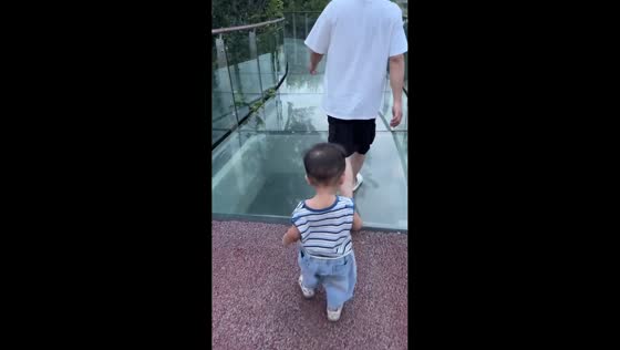 Toddler hesitates after stepping onto glass bridge in Guangdong, China