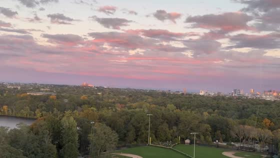 Beautiful sunset over Boston skyline from Cambridge, USA
