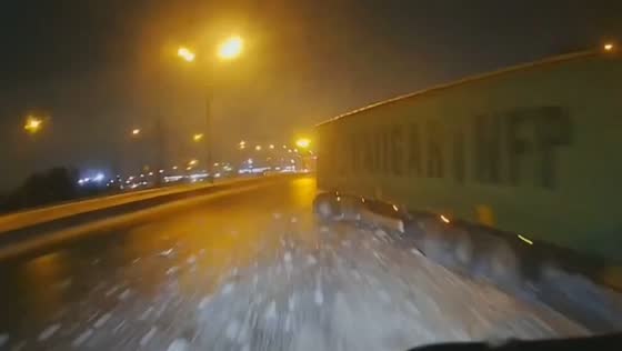 Two-truck collision on Moscow Ring Road caused by snow pile in Moscow, Russia