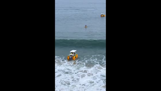 Water vehicle flips after wave impact at Dameisha Beach in Shenzhen, China