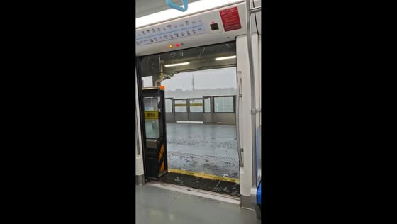Heavy rain reduces visibility at train station in Shanghai, China
