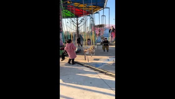 Golden retriever relaxes on flying chair ride, Henan, China