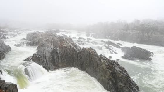 Fog and snow-covered trees along roaring river at Great Falls, Virginia, USA