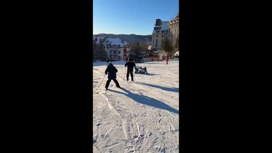 Man slips while learning to ski in Mont-Tremblant, Canada