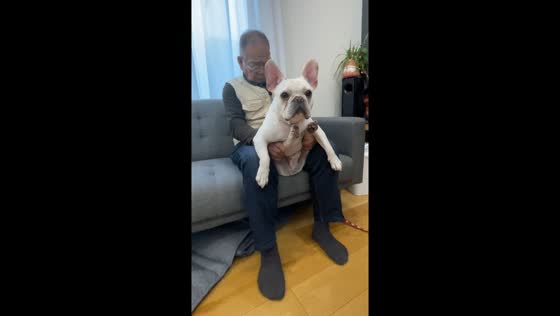 Grandpa holds dog while asleep on sofa in Aichi, Japan
