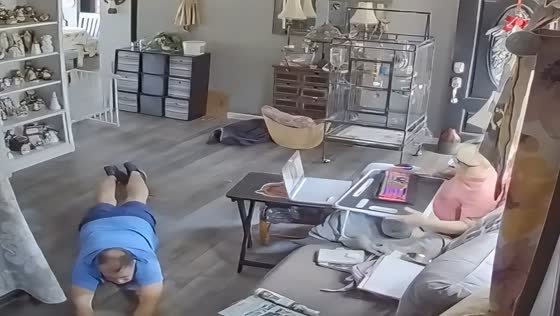 Man trips over baby playpen gate in funny home security clip in Rocky Point, Tennessee, USA