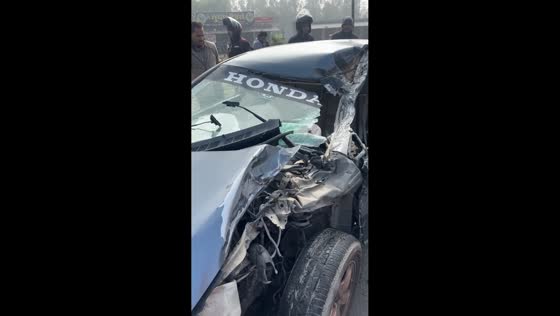 Severe highway accident leaves car mangled in Bareilly, Uttar Pradesh, India