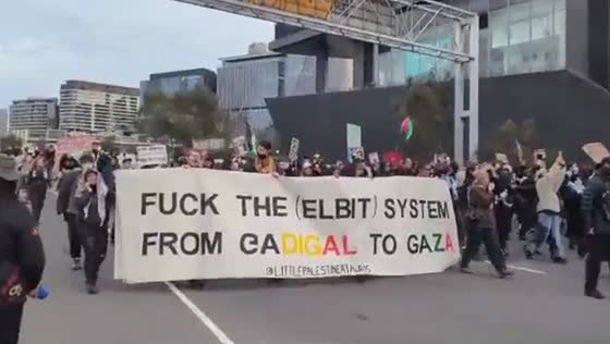 Pro-Palestinian activists demonstrate against Land Forces at Melbourne Convention Centre
