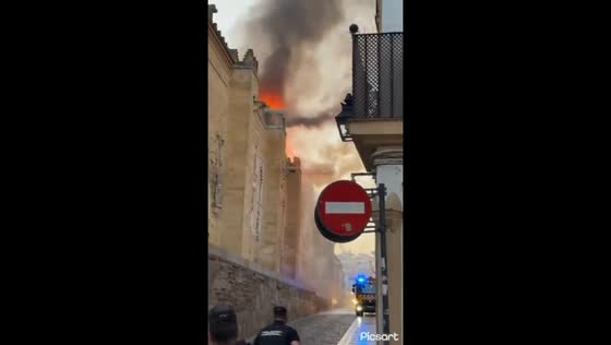 Fire breaks out at Mosque-Cathedral of Córdoba facade in Córdoba, Spain