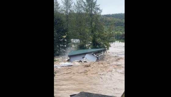 Flood waters destroy house in Żelazno, Poland