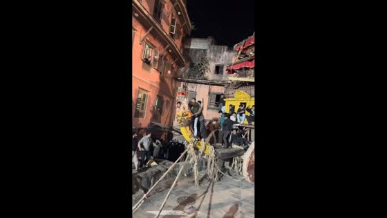 Crowds gather as chariot halts during Bisket Jatra celebration in Bhaktapur, Nepal