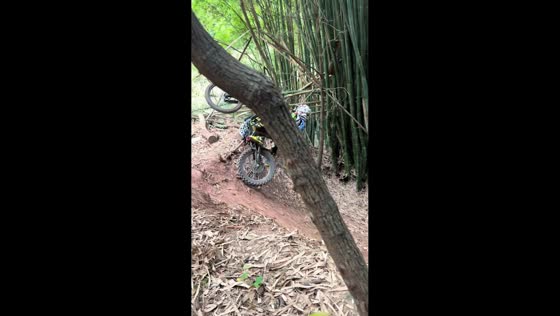 Dirt bike rider grabs tree after losing control on steep slope in Sichuan, China