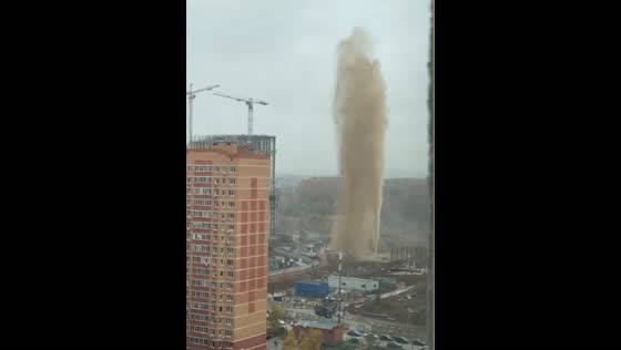 Fountain erupts near Bachurinskaya Street in Moscow, Russia