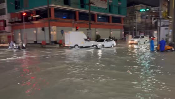 Severe flash flooding submerges South Pattaya Road intersection in Pattaya, Thailand