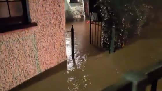 Severe flooding and road blockages on Pen-Y-Pound Road in Abergavenny, UK