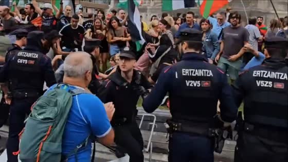 Protest against Israel Premier Tech team during Vuelta a España in Bilbao, Spain
