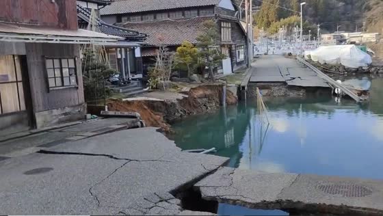 Devastating earthquake causes road collapse in Ogi Mitsuya, Noto Town, Japan